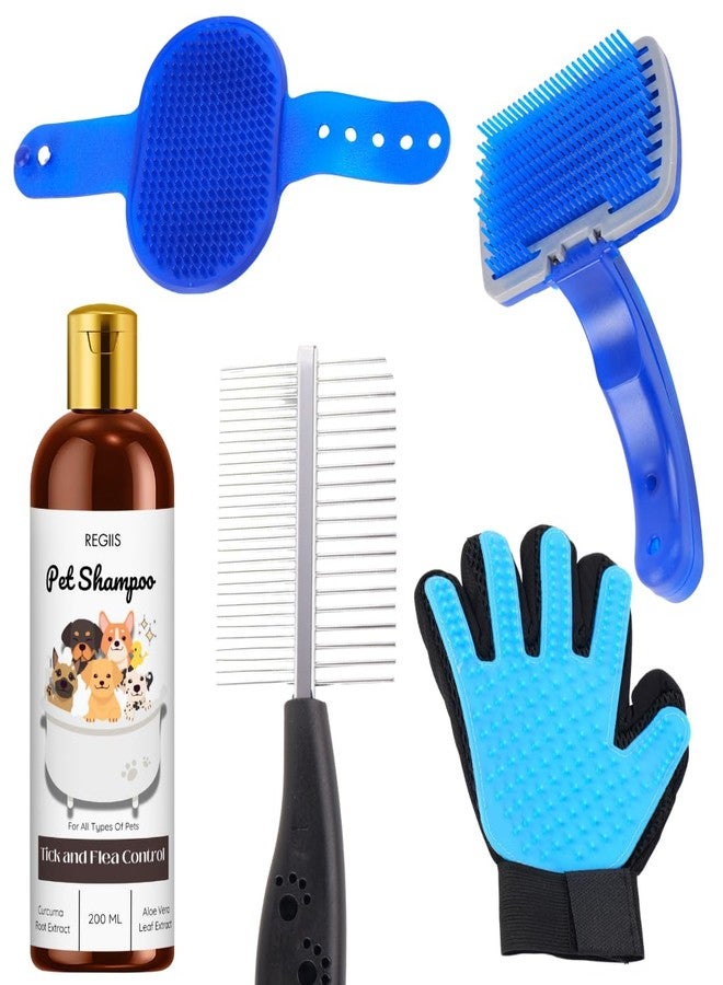 REGIIS Pet Grooming Kit with Shampoo, Blue Massage Brush, Deshedding Glove and Comb, Tick and Flea Control Formula, 200ml(PACK OF 5) - Image 1